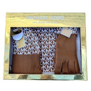 NWT Authentic Michael Kors Knit 3 Pieces Set Hat Scarf Gloves Dark Camel